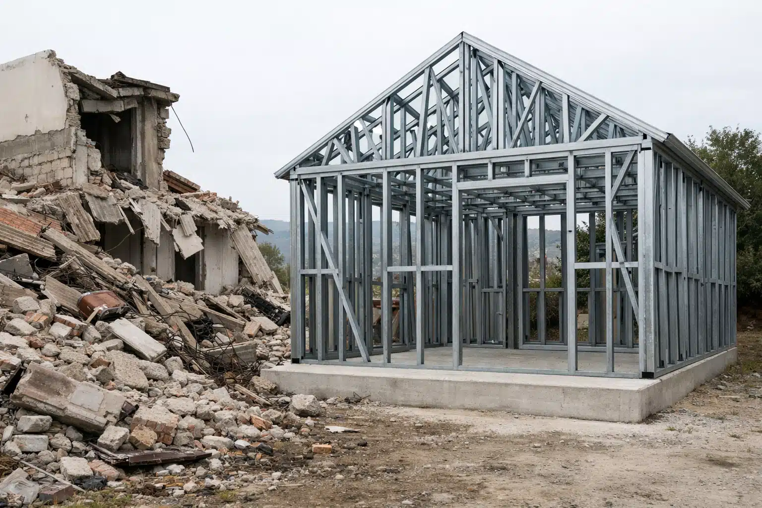 Ossature métallique de maison près de gravats