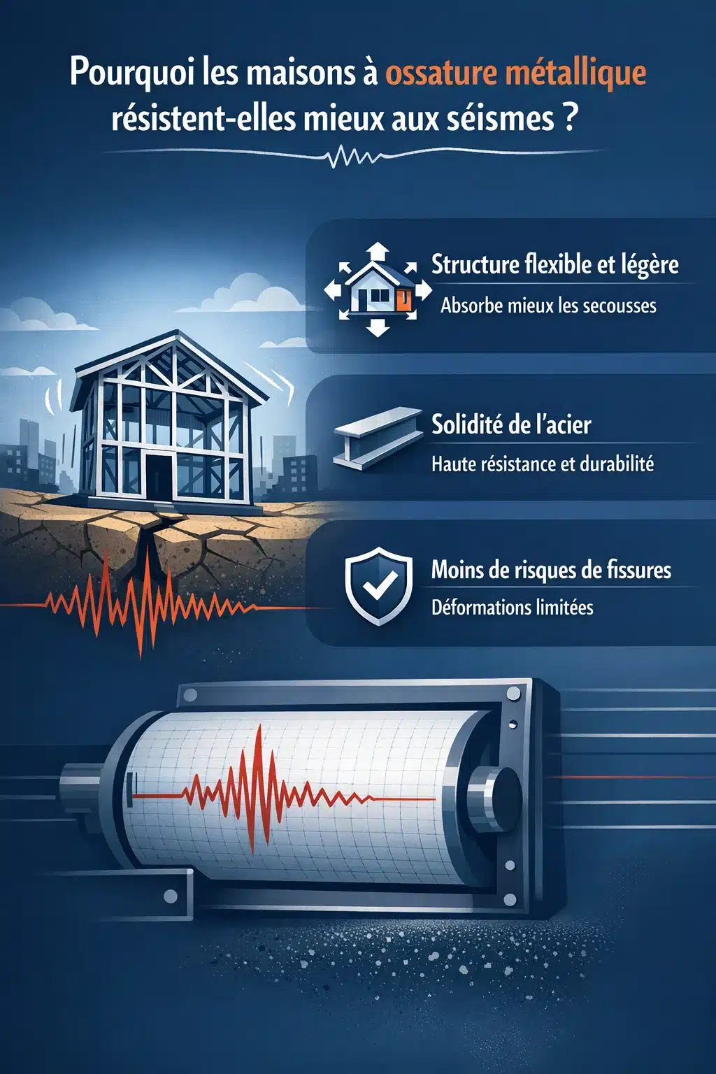 Infographie solidité ossature métal lors de séismes