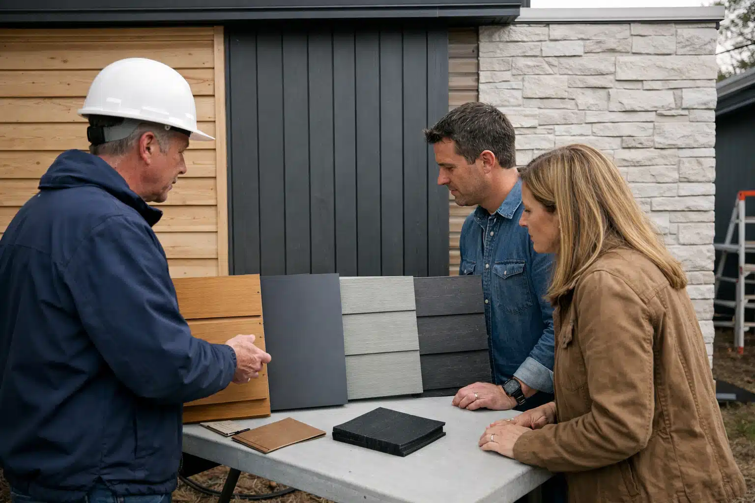 Couple examinant des échantillons de carrelage avec vendeur