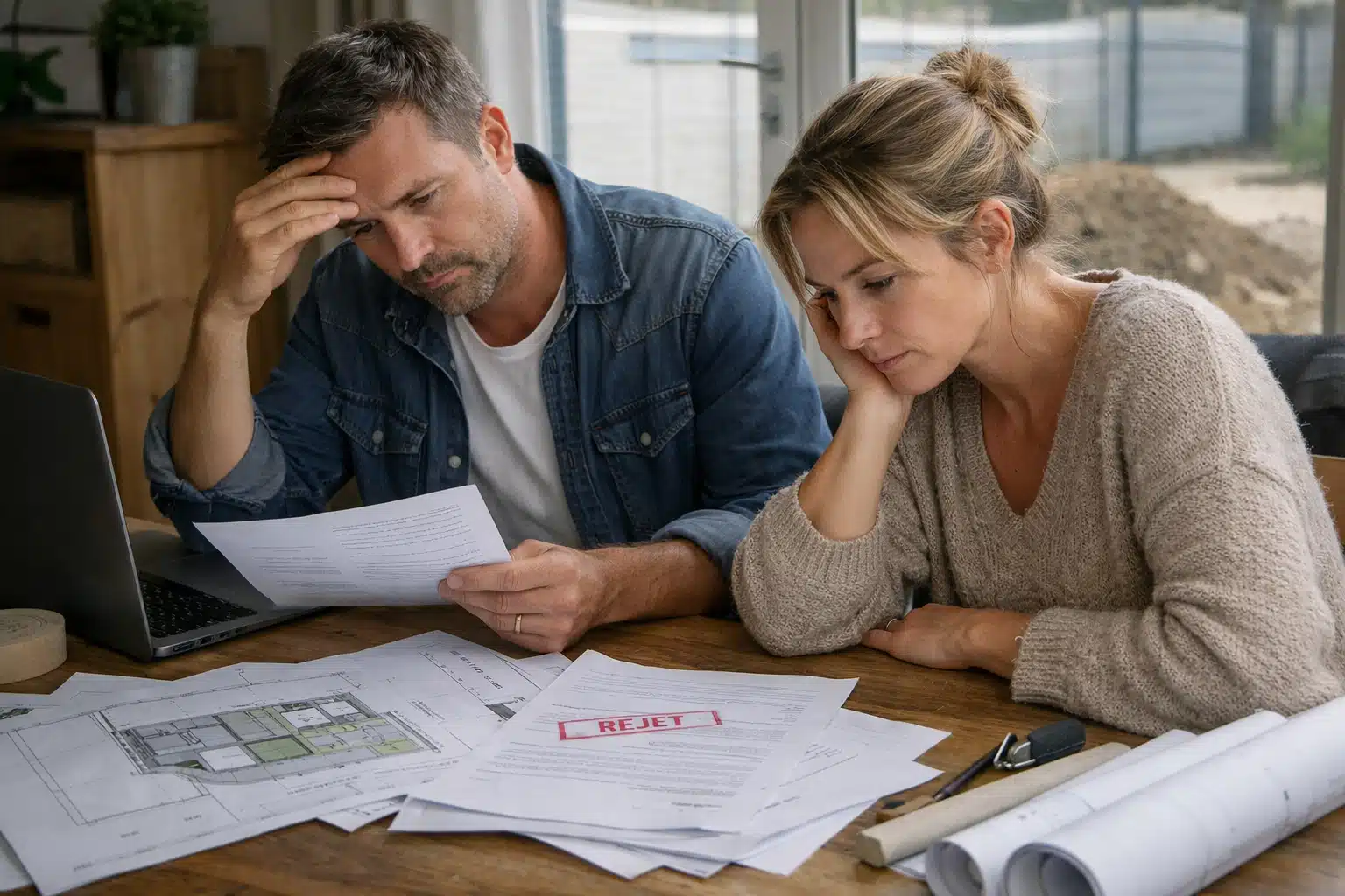 Couple préoccupés examinant des documents liés à une dette