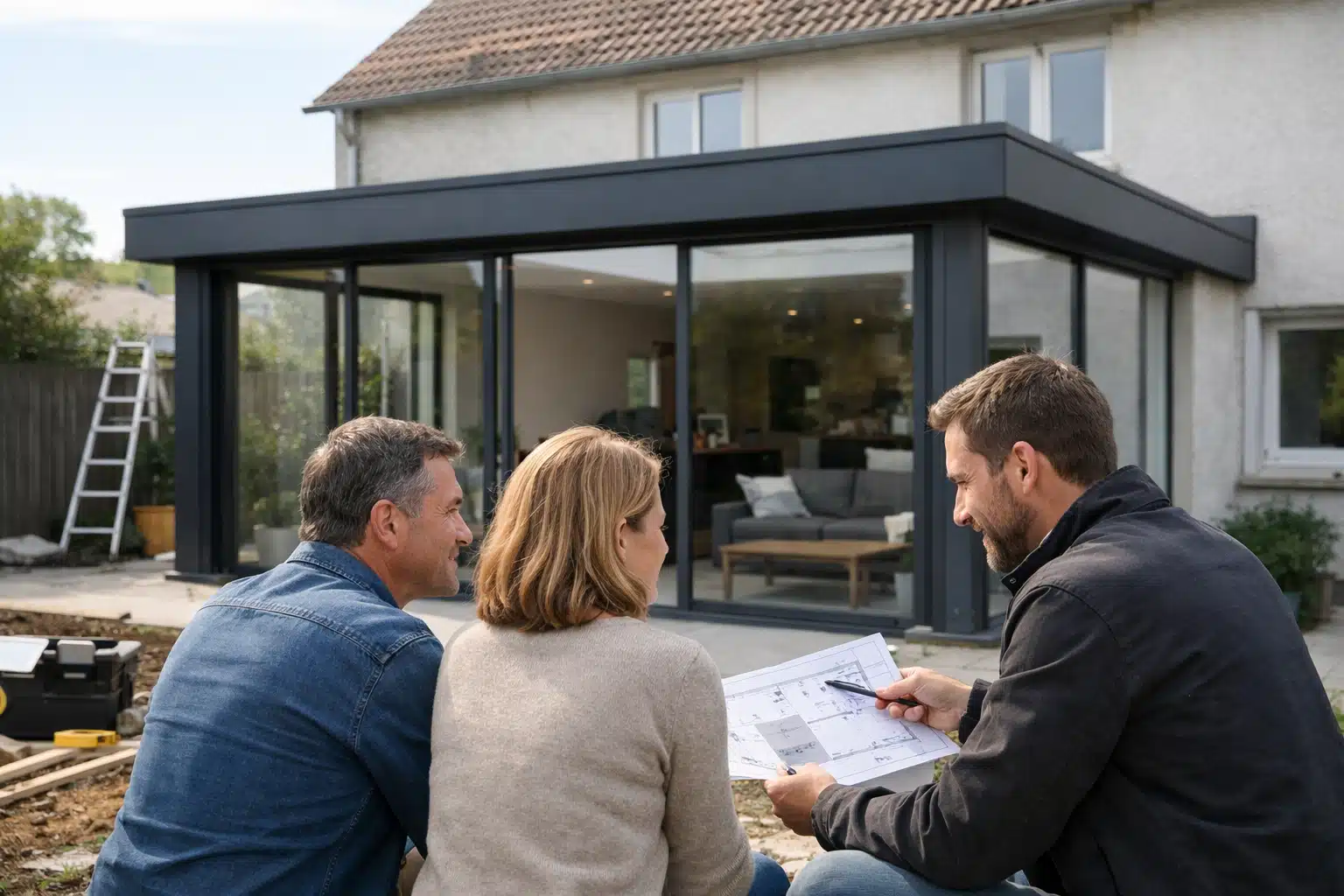 Trois personnes discutent plans devant terrasse vitrée moderne