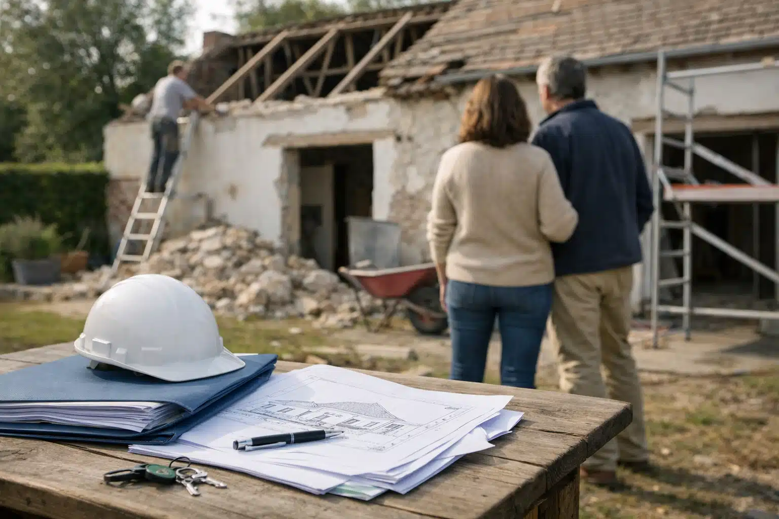 Plans et casque sur table, couple devant maison endommagée