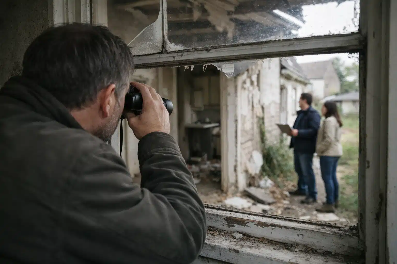 Photographe prenant deux hommes parmi des ruines