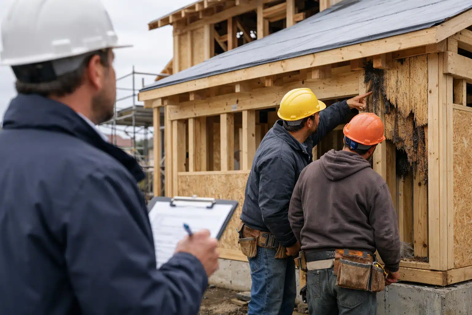 Homme casqué avec bloc-notes regardant ouvriers sur chantier