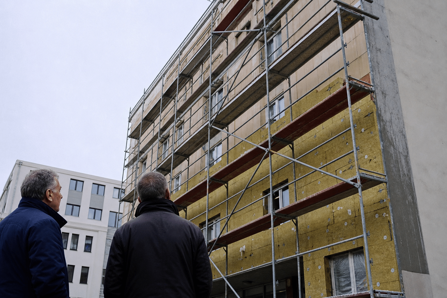 Homme regardant façade en rénovation avec échafaudage