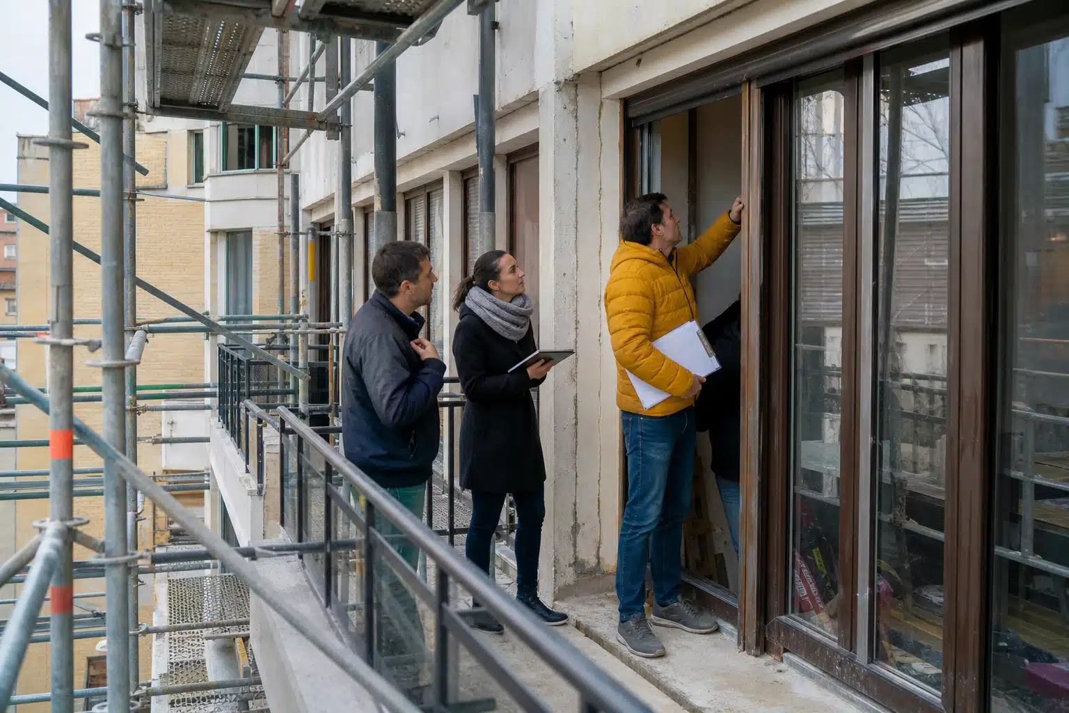 Trois ouvriers inspectant une fenêtre depuis un échafaudage