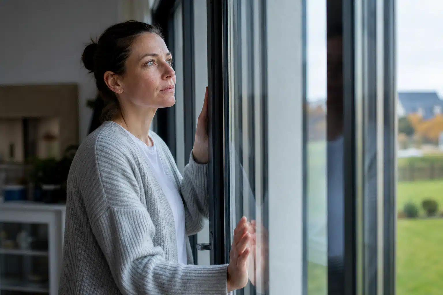 femme pensive regardant par une baie vitrée