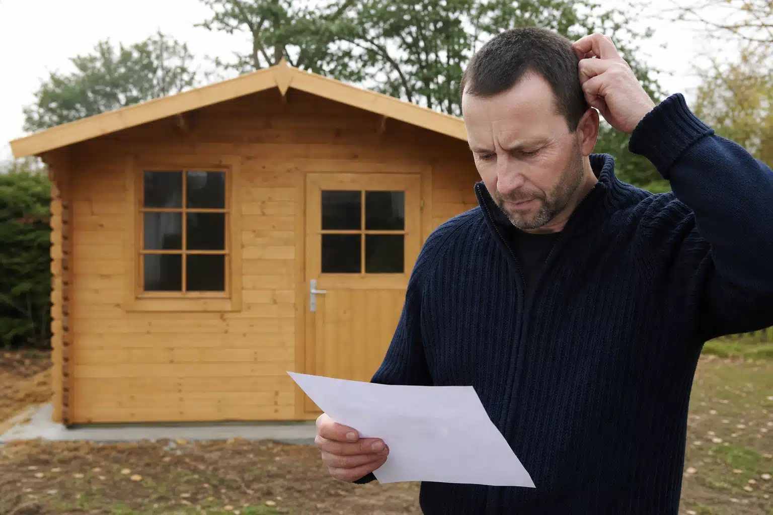 Homme lisant un document devant un abri en bois
