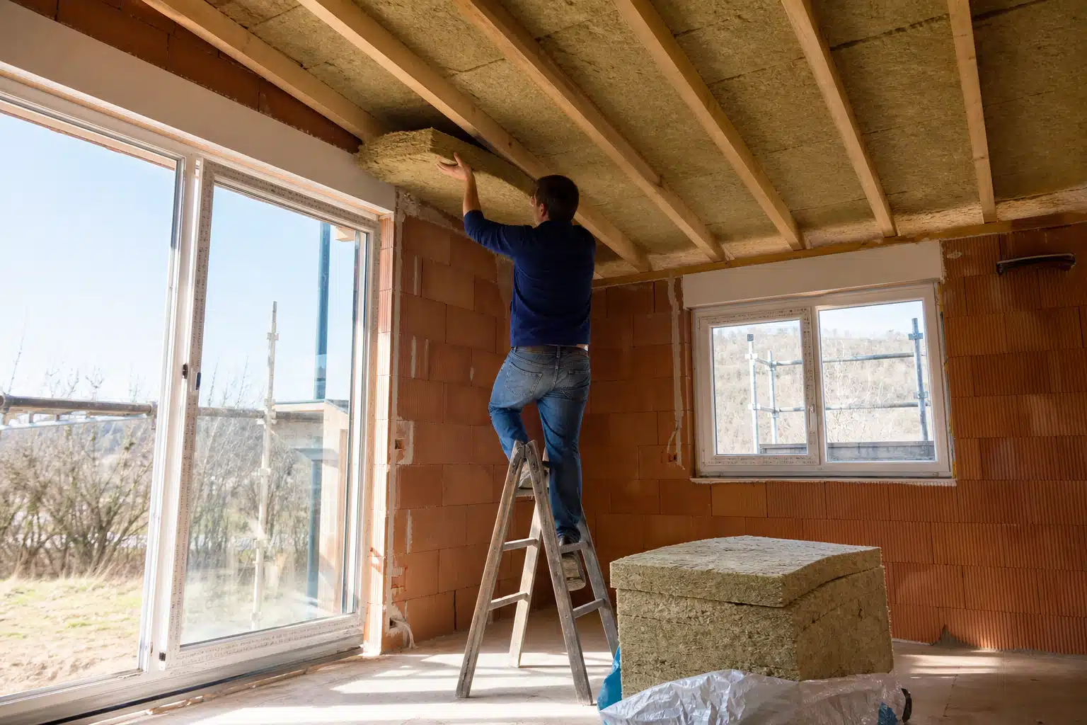 Homme sur escabeau installant l'isolant au plafond